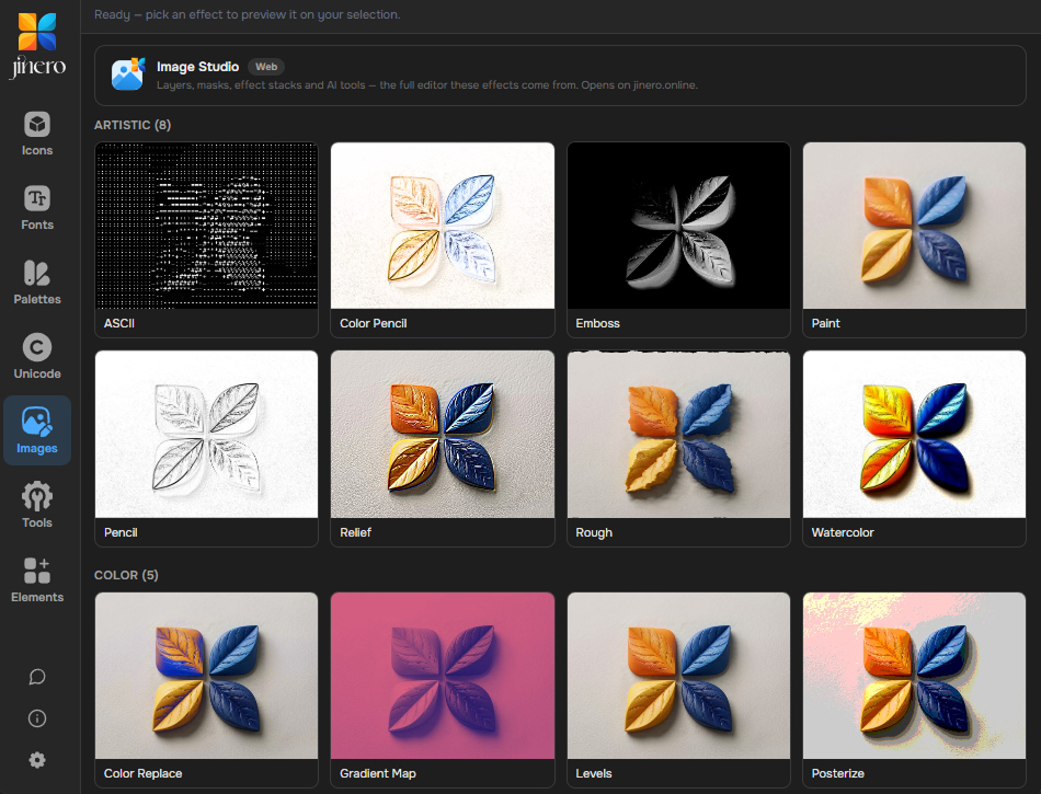 Jinero for Figma — Images tab with 49 photo effects